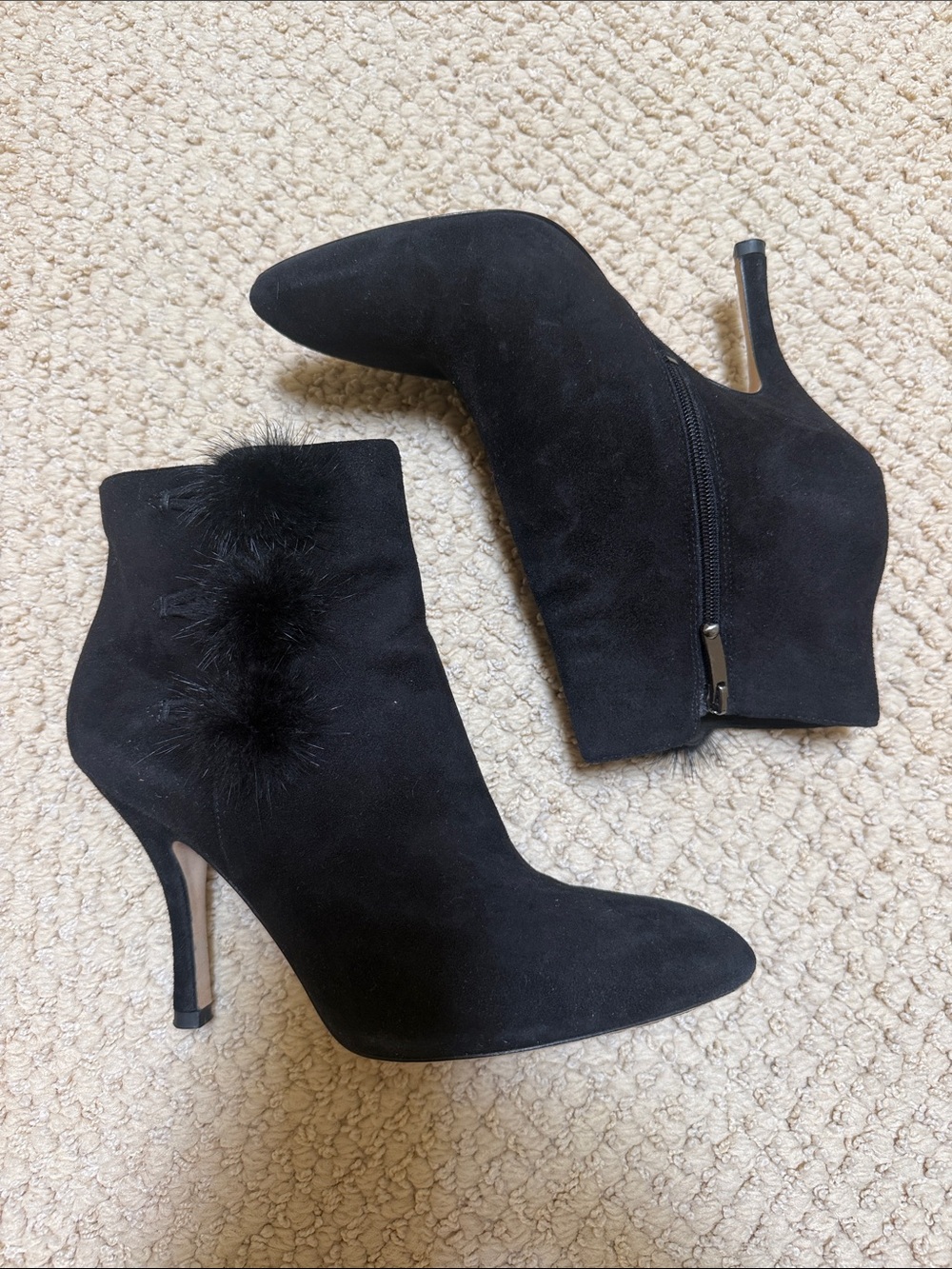 Via Spiga Black Suede Pom-Pom Stiletto Ankle Boots - Women size 6